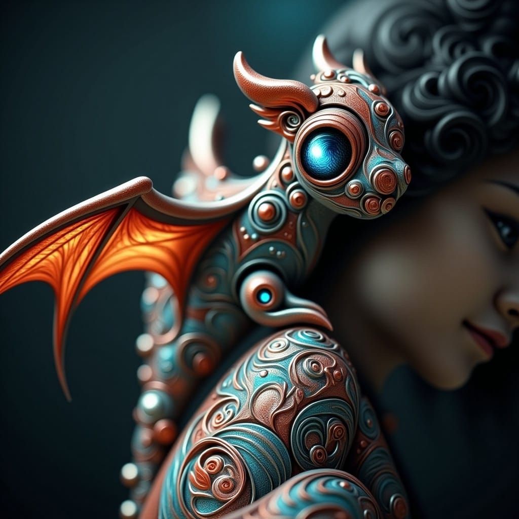 Miniature Dragon on Girl's Shoulder in Psychedelic Art