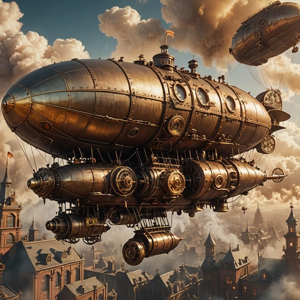 Steampunk Airship Soaring Through Golden Sky