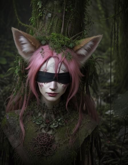 Crying Fox-Girl Fused with Tree