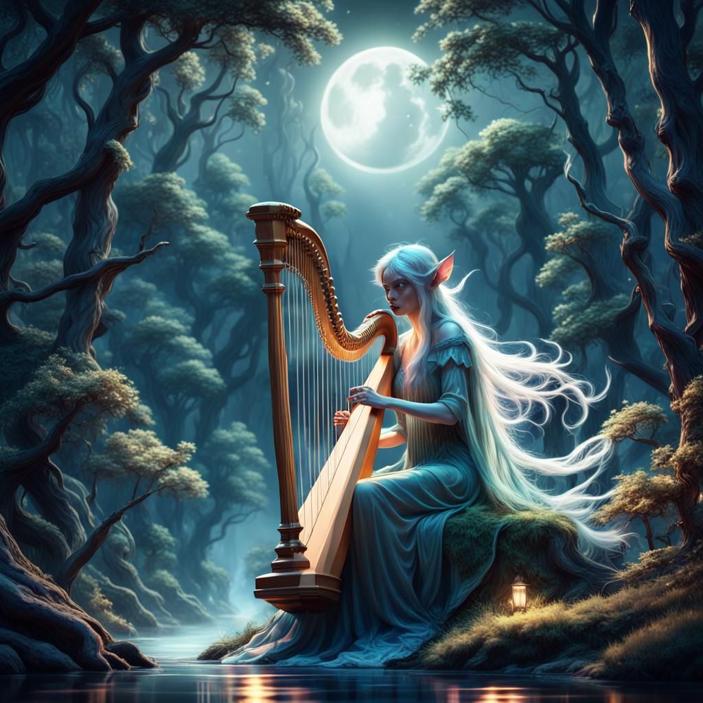 Ethereal Elf Harpy in Moonlit Forest