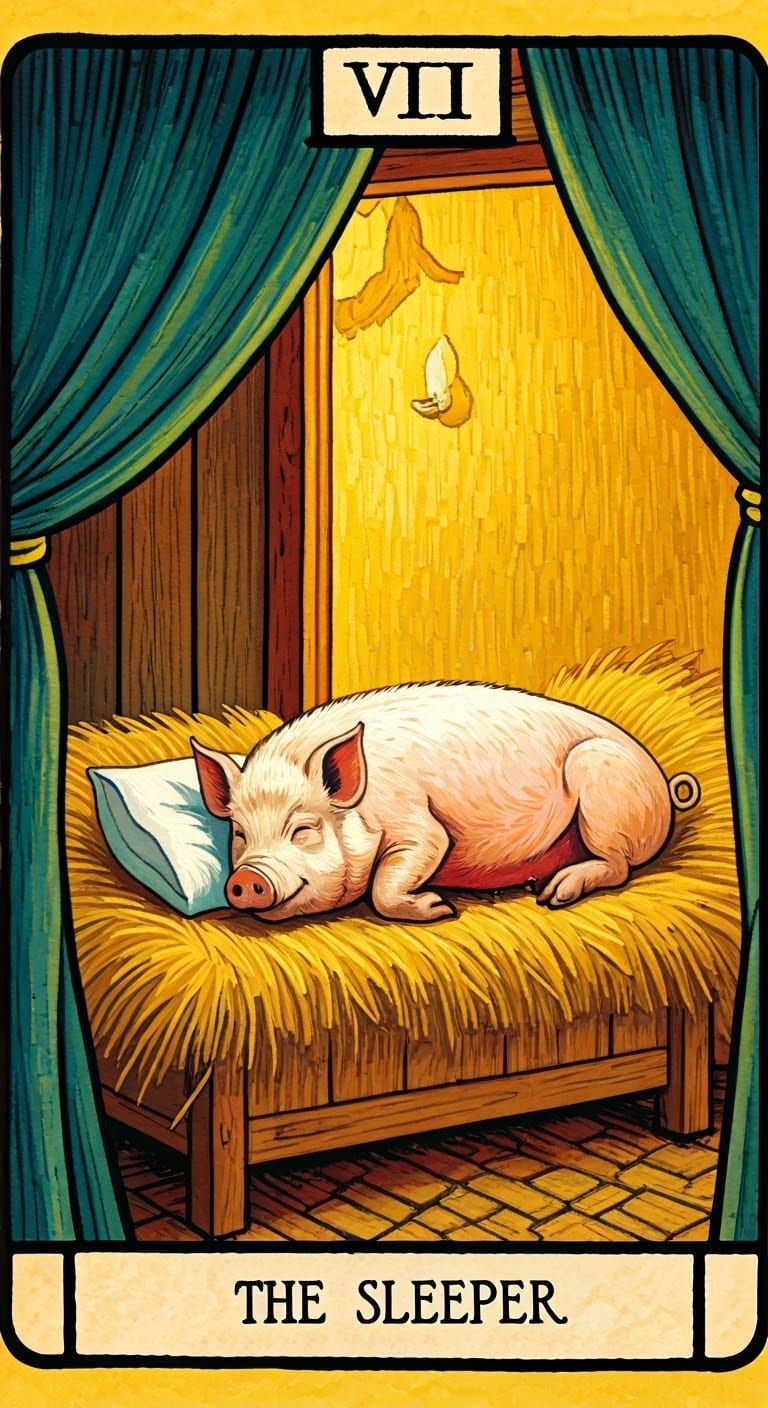 Tarot Card: The Sleeper, Waterpainted Pig
