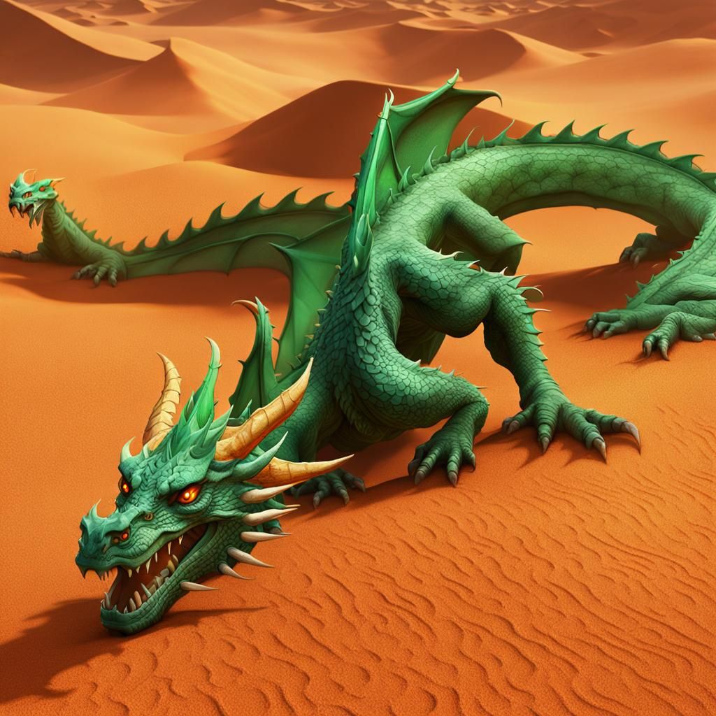 Green Dragon on Orange Sand: Detailed Matte Painting