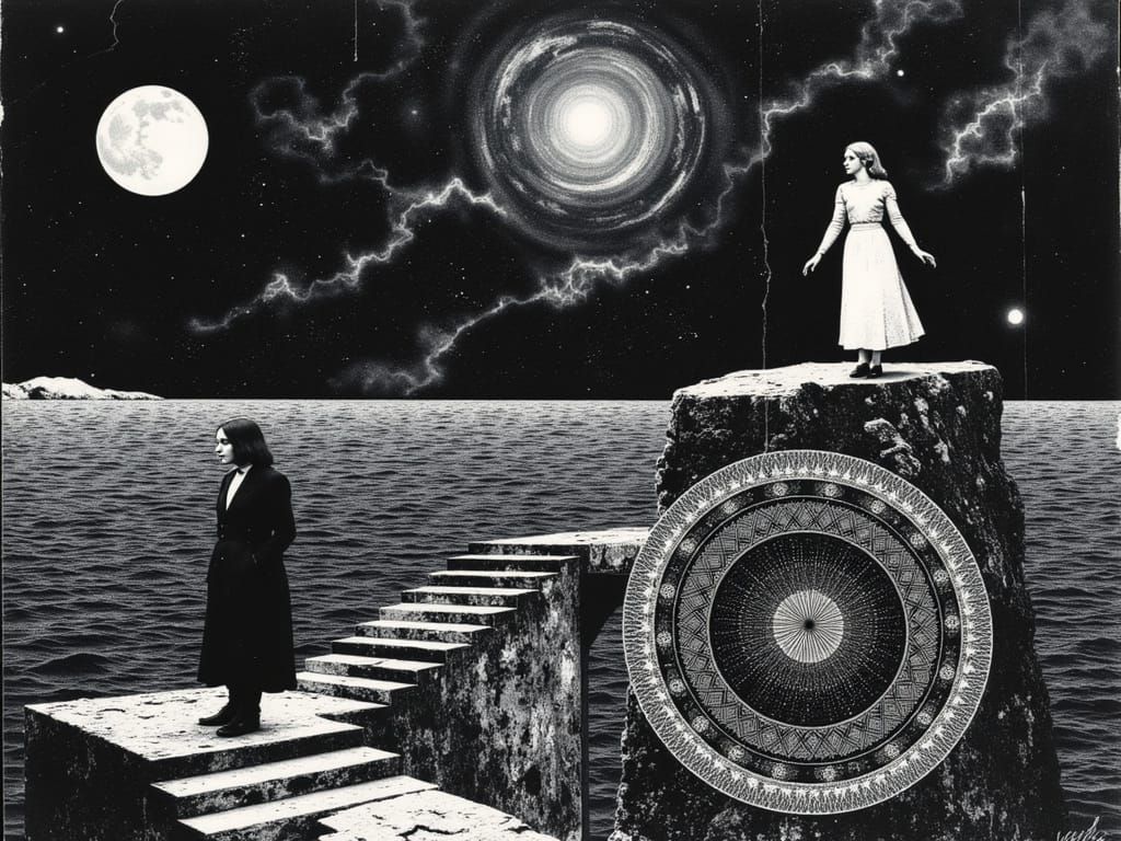 Alice and Neo Chase Rabbit in Escher-Klimt Style