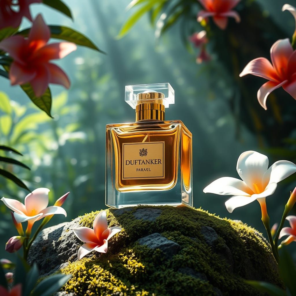 Perfume Bottle in Rainforest: Hyperrealistic Botanical Art