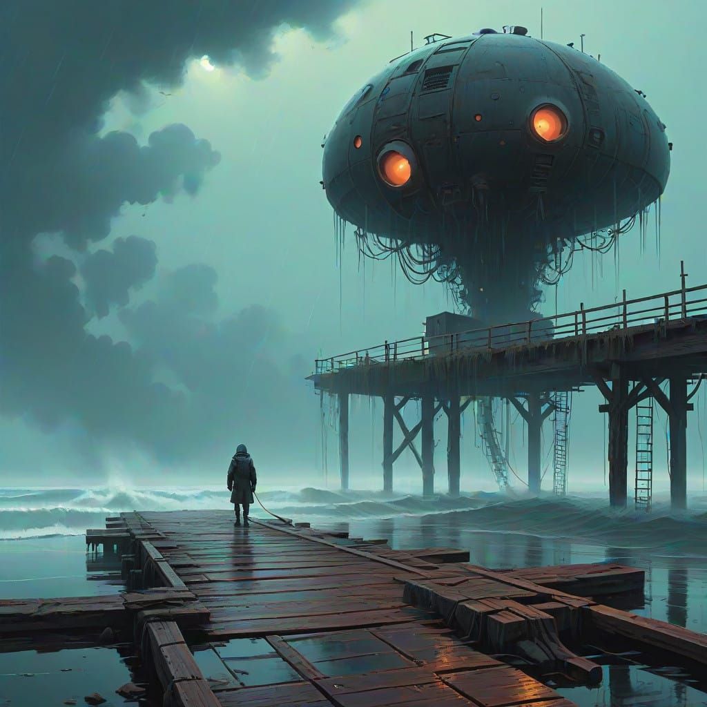 Ethereal Ant Under Rainy, Smoky Skies in Surreal Coastal Sce...