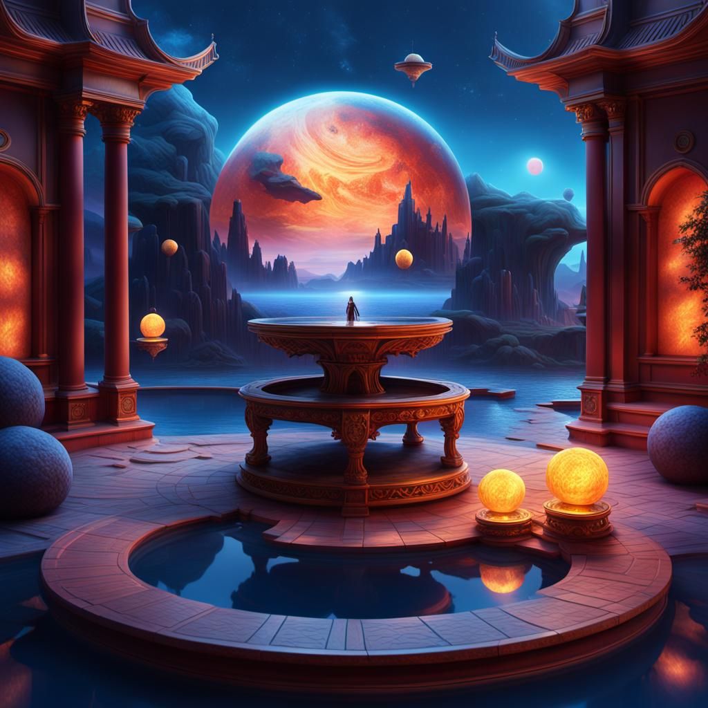 Mystical Planet Above Courtyard, Matte Painting
