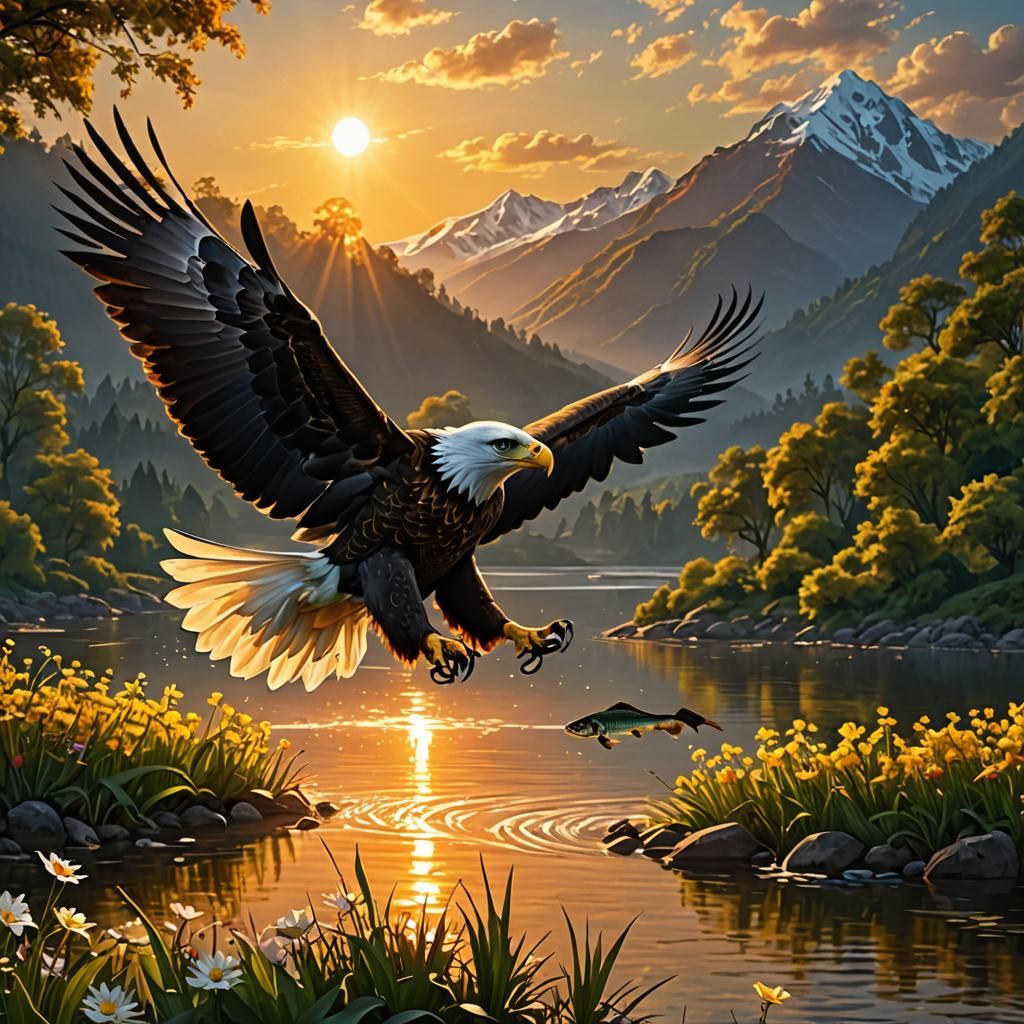 Glorious Fishing Eagle in Flight at Sunset