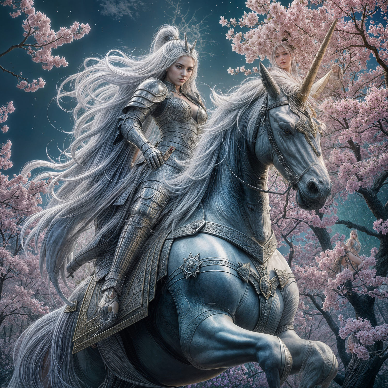 Female Samurai on Armored Unicorn in Hyperrealistic Style
