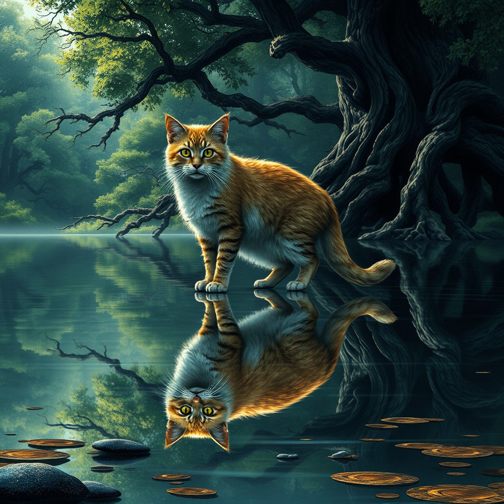 Mystic Cat Communing With Reflection in Forest Lake
