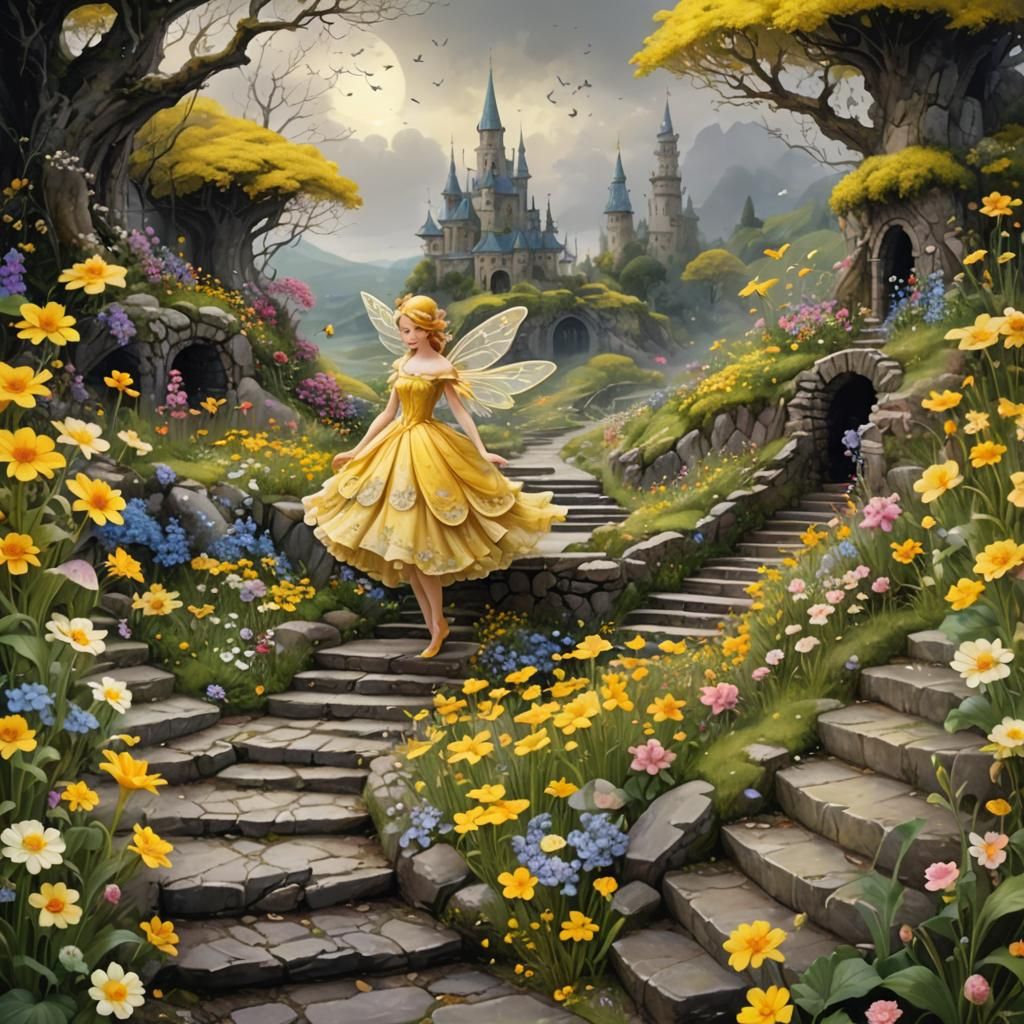 Fairy Steps into a Colorful Flowery Landscape