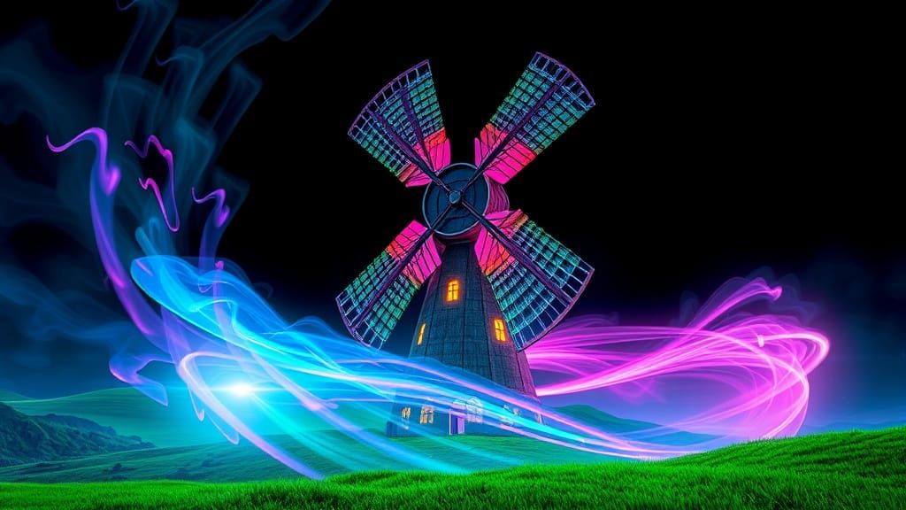Surreal Windmill Shines with Ethereal Glow Amidst Pastel Rai...