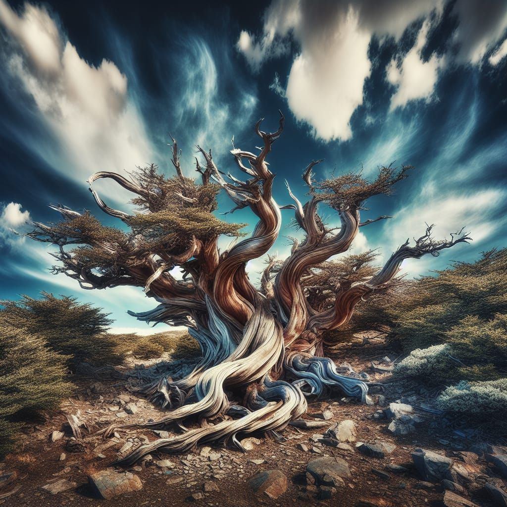 Ancient Twisted Tree on Rugged Terrain