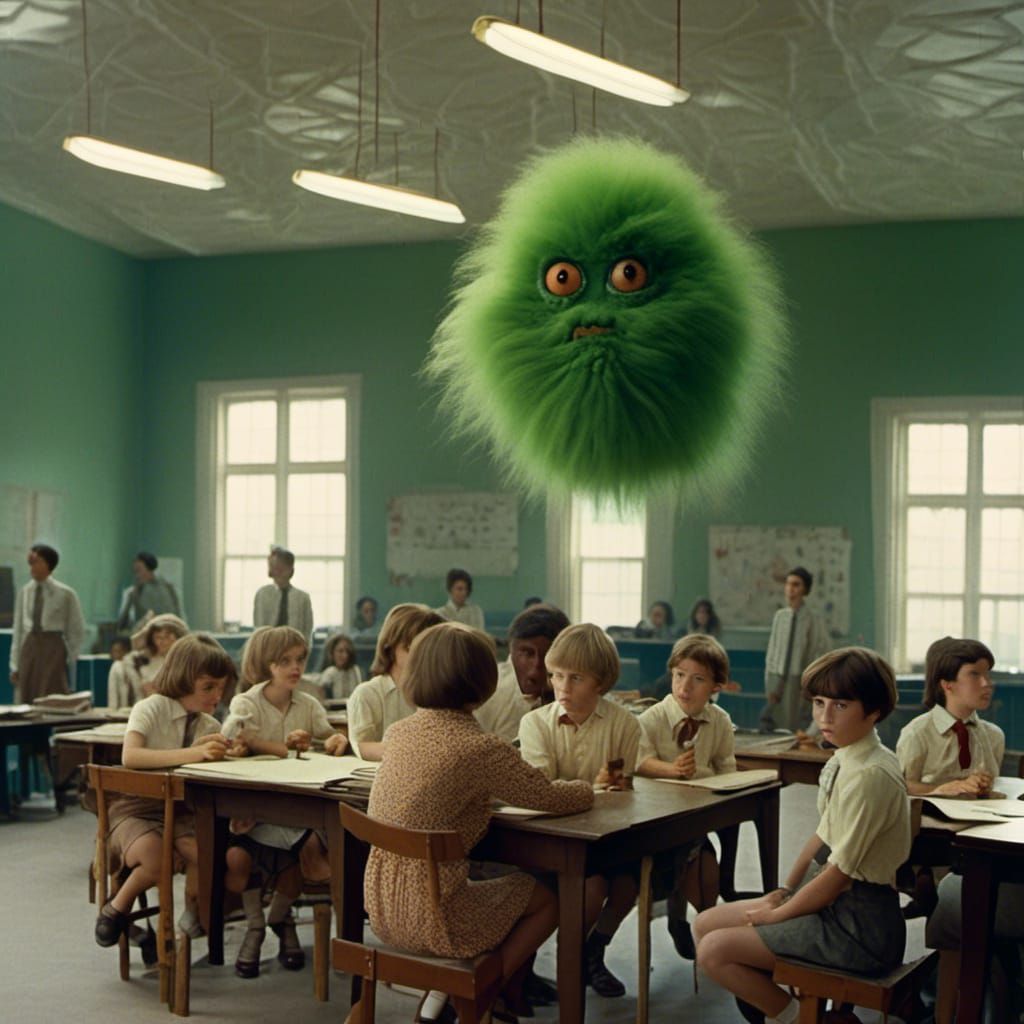 Fluffy Green Monster's First Day: Retro Photo