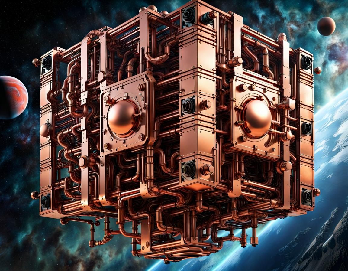 Steampunk Borg Cube Orbiting a Planet