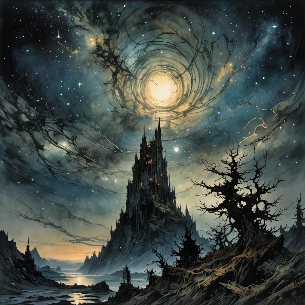 Mysterious Starry Night Sky in Classic Art Style