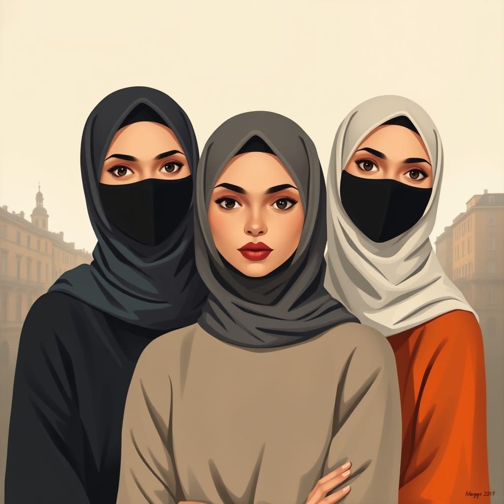 Minimalist Portrait of Three French Hijabi Women