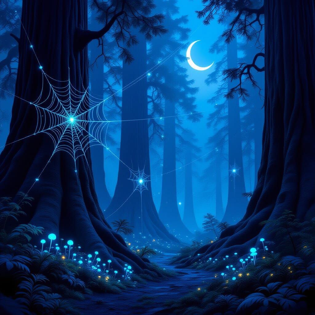 Ethereal Redwood Forest at Twilight with Bioluminescent Fung...