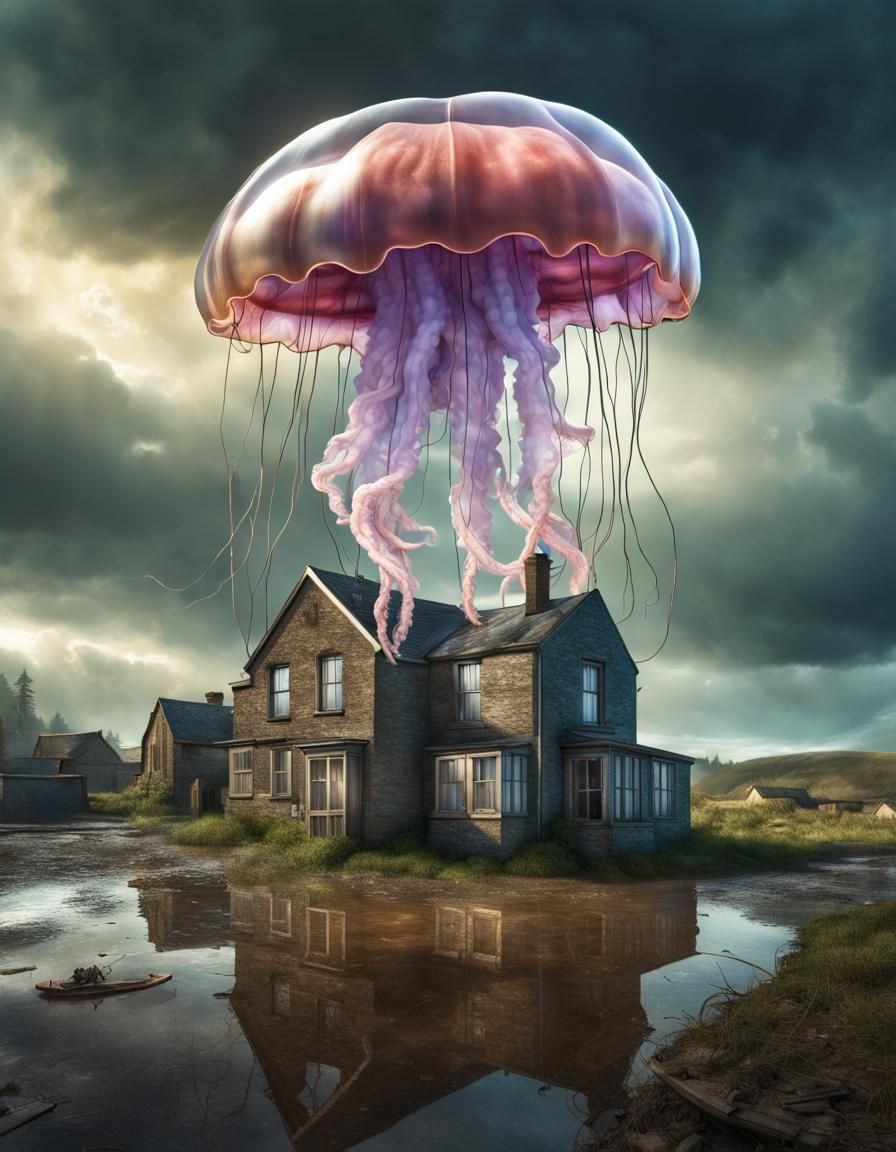 Surreal Floating Jellyfish over Dystopian Welsh Village