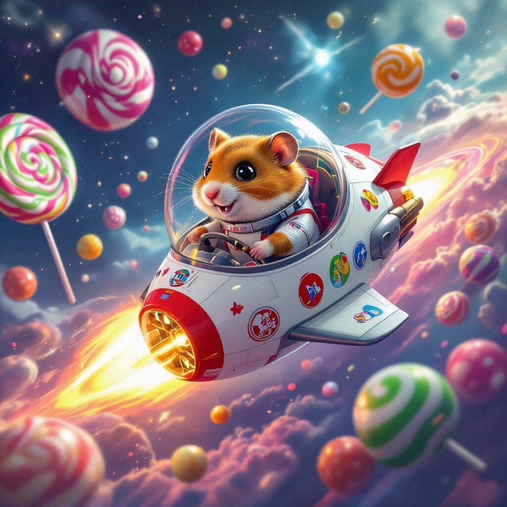 Hamster Astronaut Navigating Candy Galaxy in Pixar Style