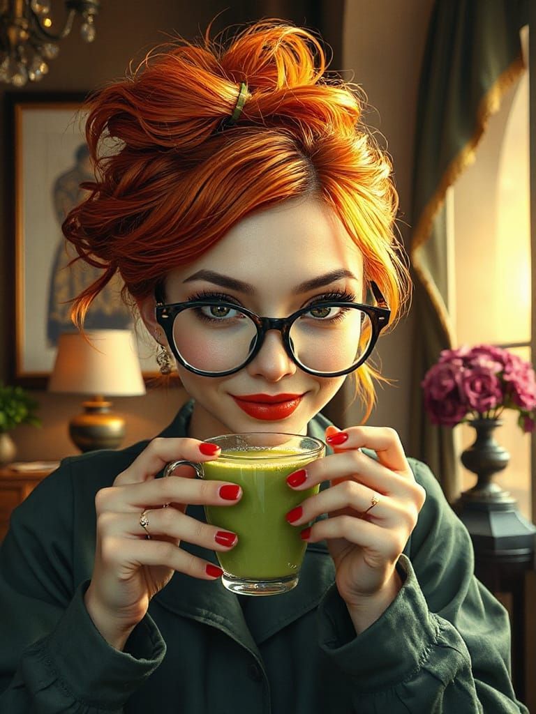 Cheerful Maiden Sips Green Tea in Luxury Roman Gothic Apartm...