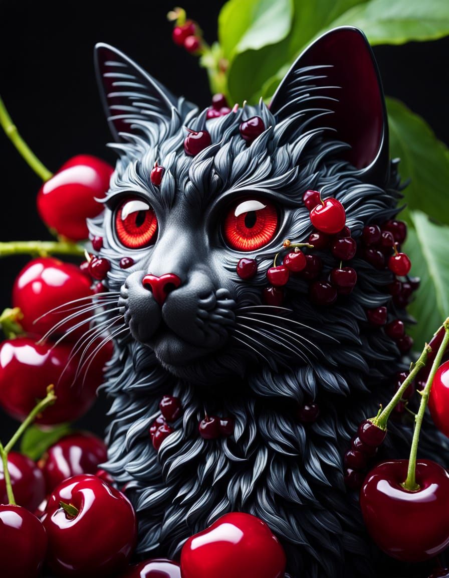 Surreal Cherry Kingdom Cat Portrait in Photorealistic Hyperm...