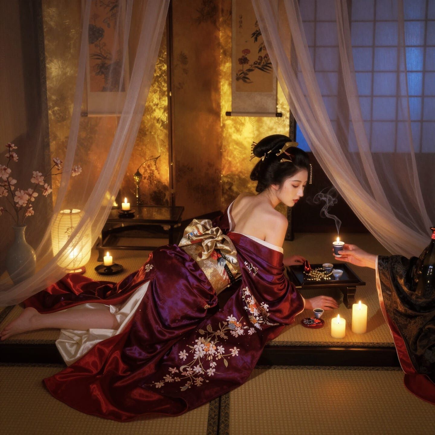 Intimate Geisha Chamber Oil Painting at Night
