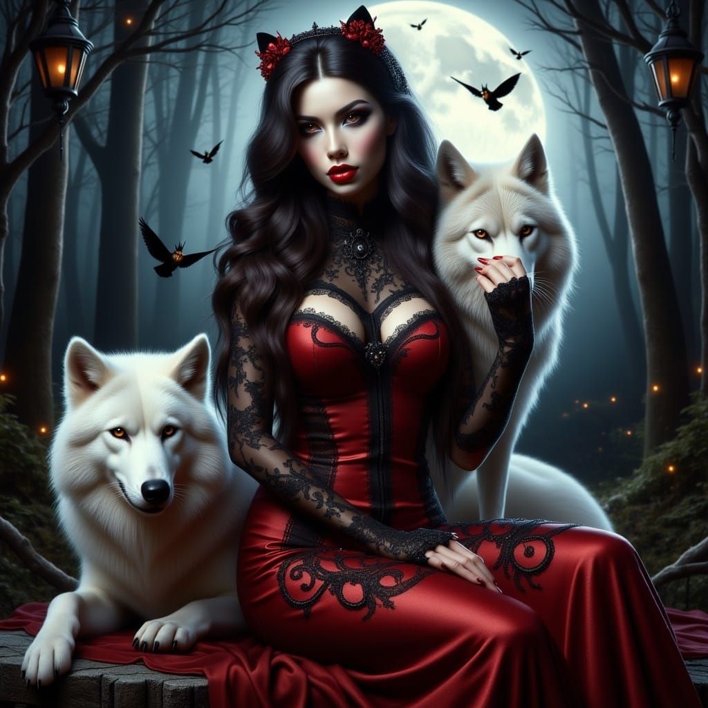 Hyperrealistic Vampire Woman with White Wolf Portrait