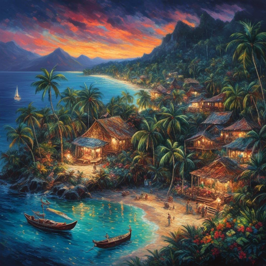 Tahitian Shores at Night in Palekh Style
