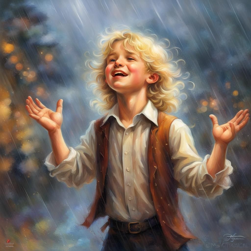 Boy Singing and Dancing in Rainy Ethereal Fantasy