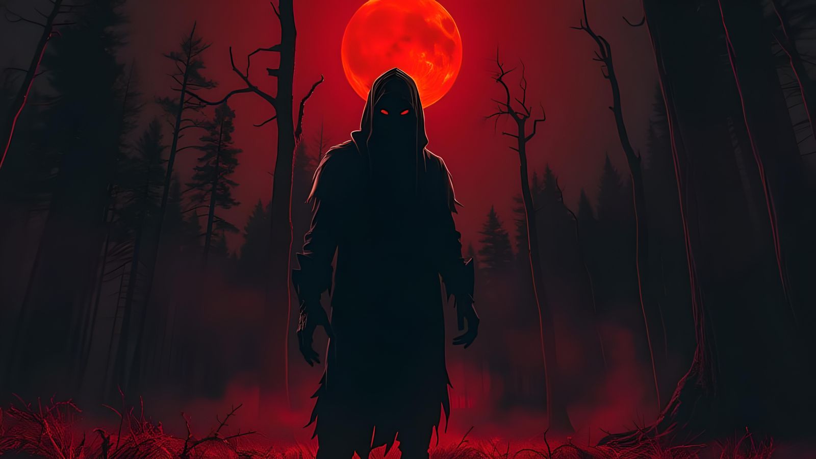 Ominous Figure in Crimson Forest: Horror Art