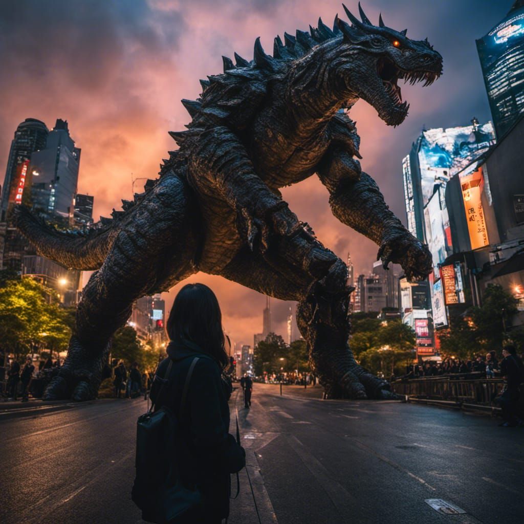 Girl's Tokyo Selfie With Godzilla in Hyper-Realism