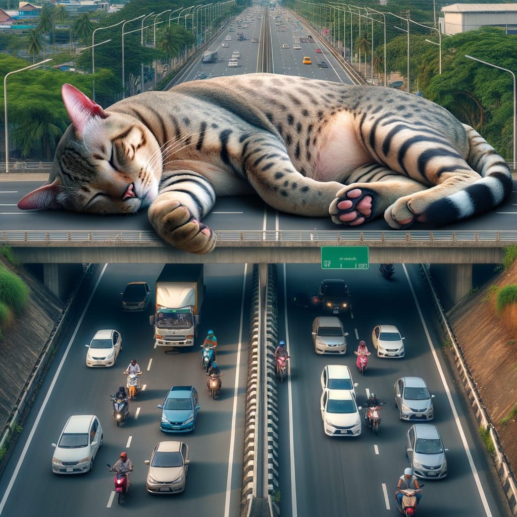 Giant Cat Naps on Highway, Cars Navigate
