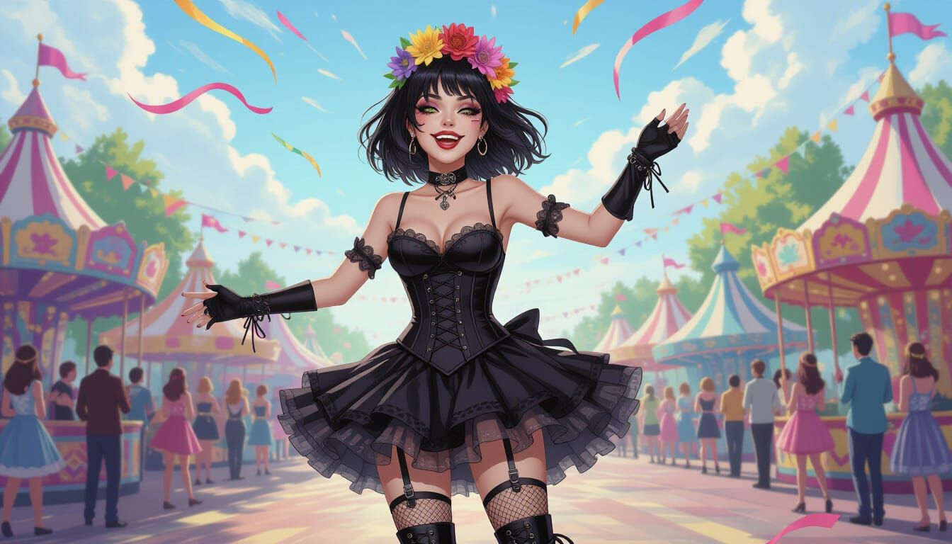 Goth Character Dancing Joyfully at Carnival