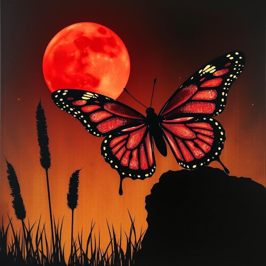 Butterfly Silhouette Portrait Under Red Moon