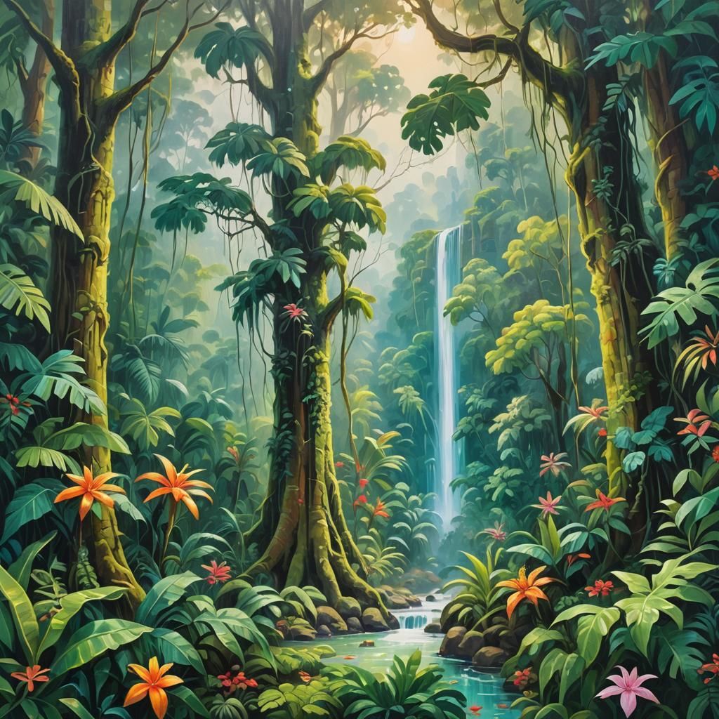 Lush Rainforest Oil Painting in Naive Art Style