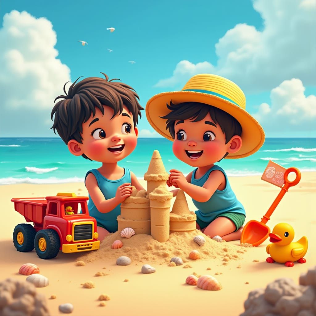 Joyful Children Build Sandcastle: Stylized Illustration