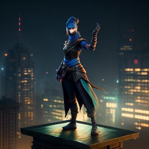 Ninja Girl on Building at Night: Detailed Matte Painting