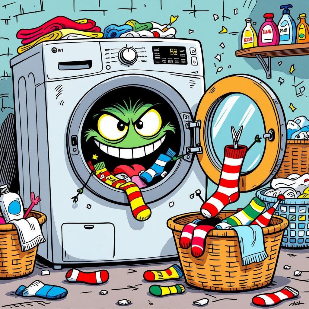 Mischievous Clothes Dryer Escapes in Cartoon Laundry Room