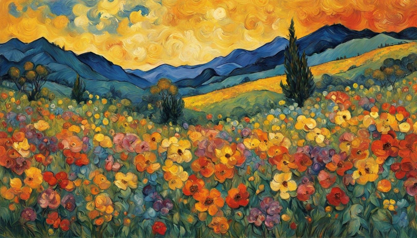 Vibrant Folk Art Landscape in Earthy Tones