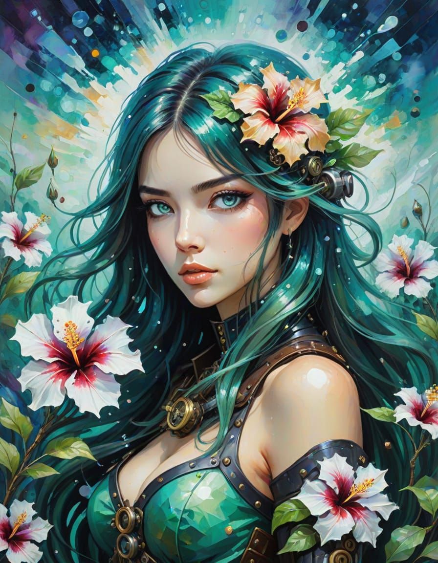 Jade-Eyed Woman in Hibiscus Field: Anime Art