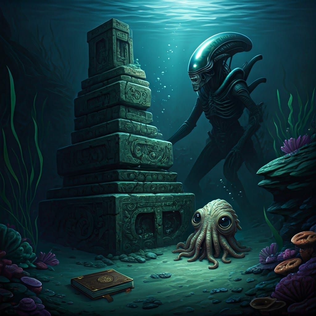 A cute lovecraftian monster hiding from the alien monster from the movie alien. The two are under water and its dark and...