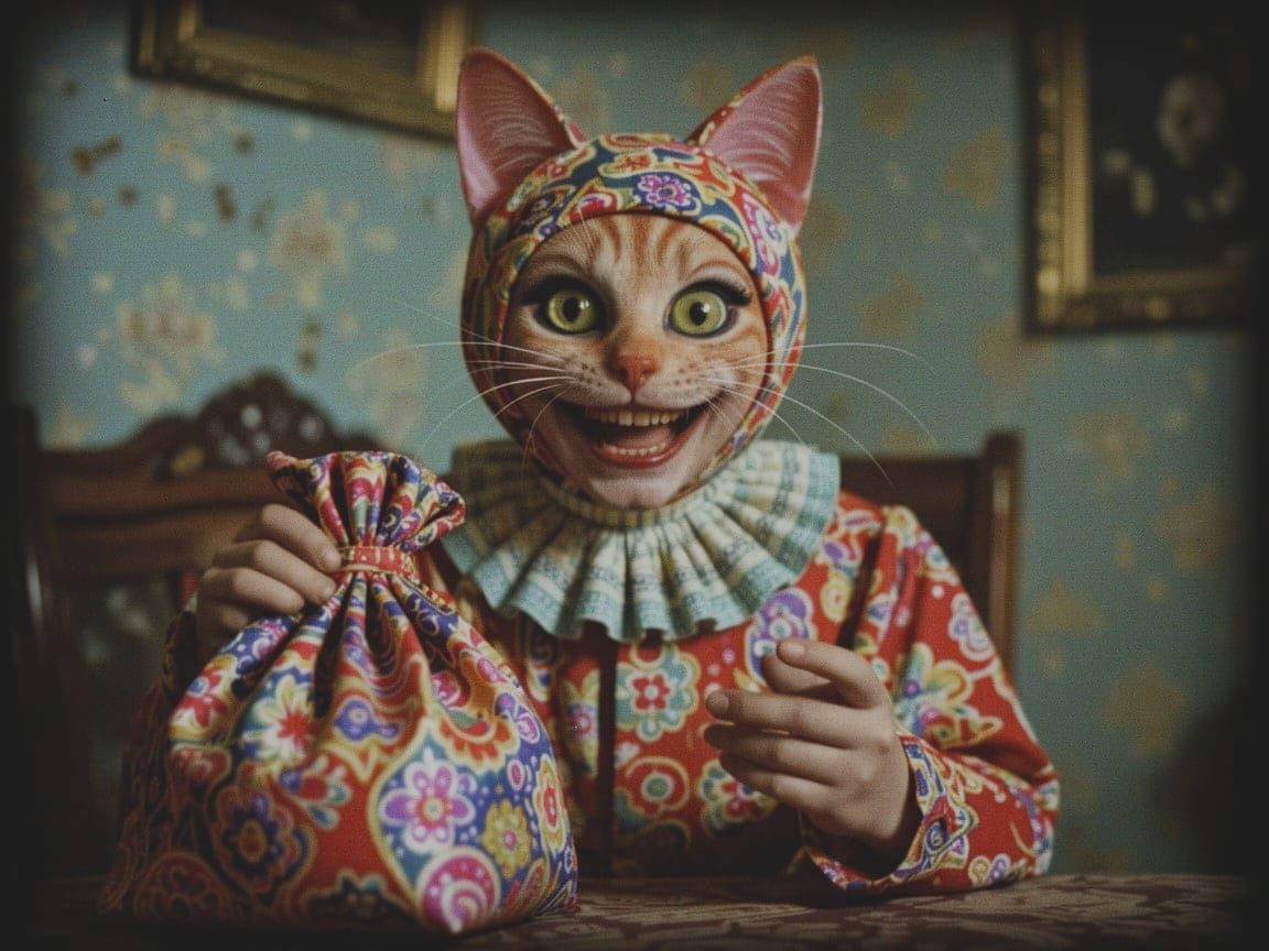 Cinematic Film Still of a Smiling Cat with Paisley Bag