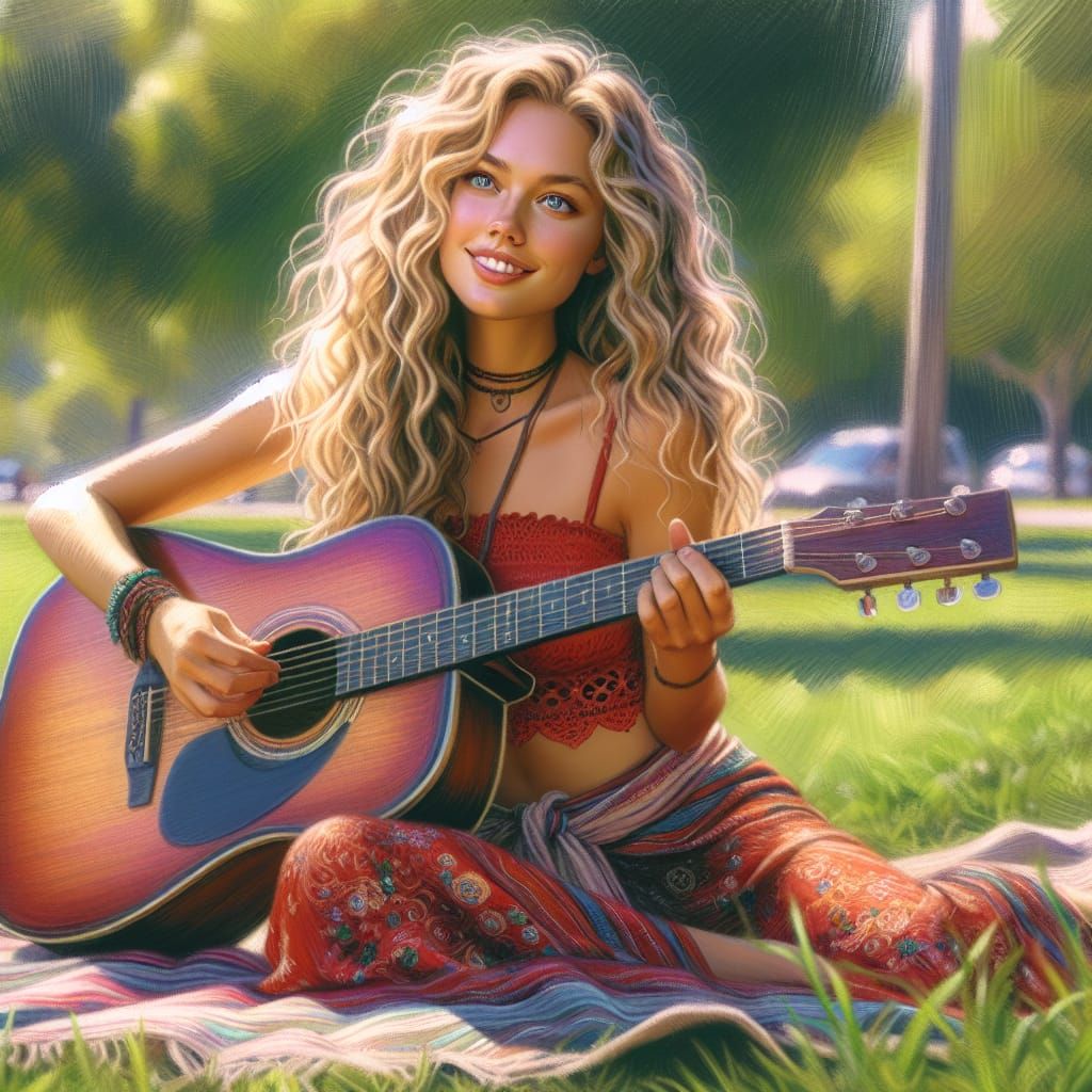 Blonde Woman Playing Guitar in Park, Oil Sketch