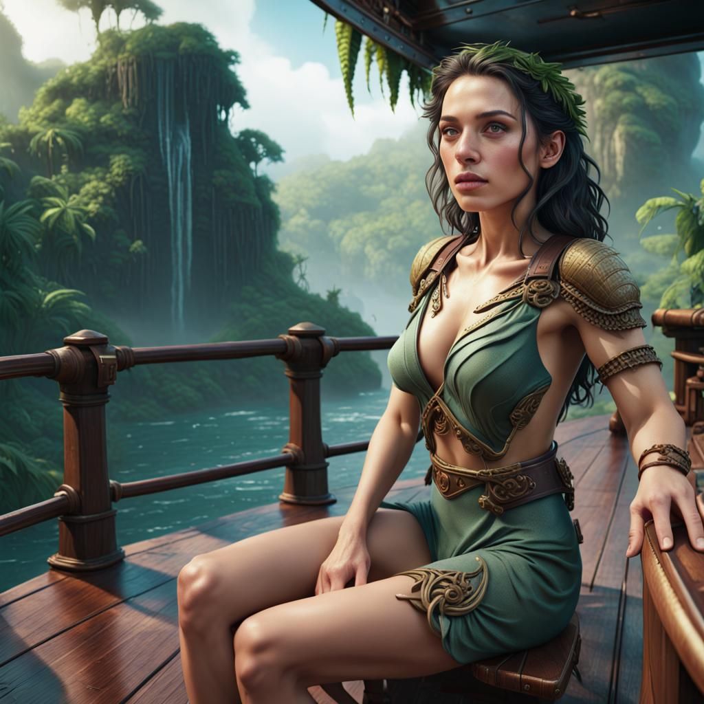 Lonely Woman on Ship Deck, Detailed Matte Painting