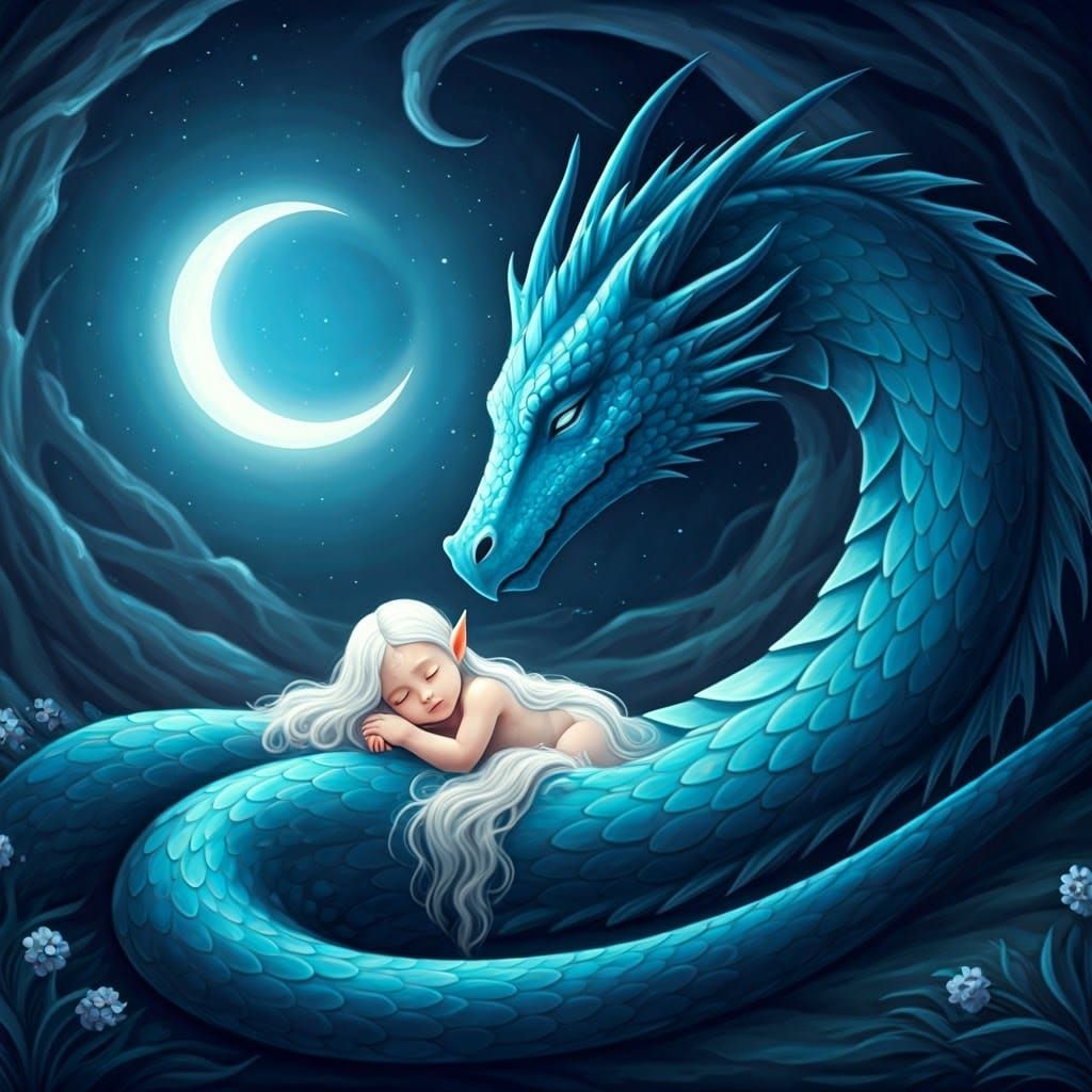 Blue Dragon and Sleeping Elf Princess in Moonlight