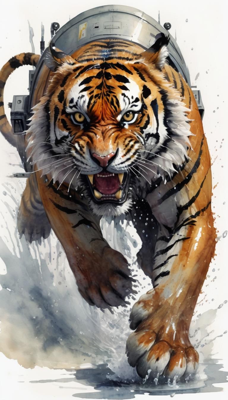 Tiger in Spaceship: Wet Wash Watercolor