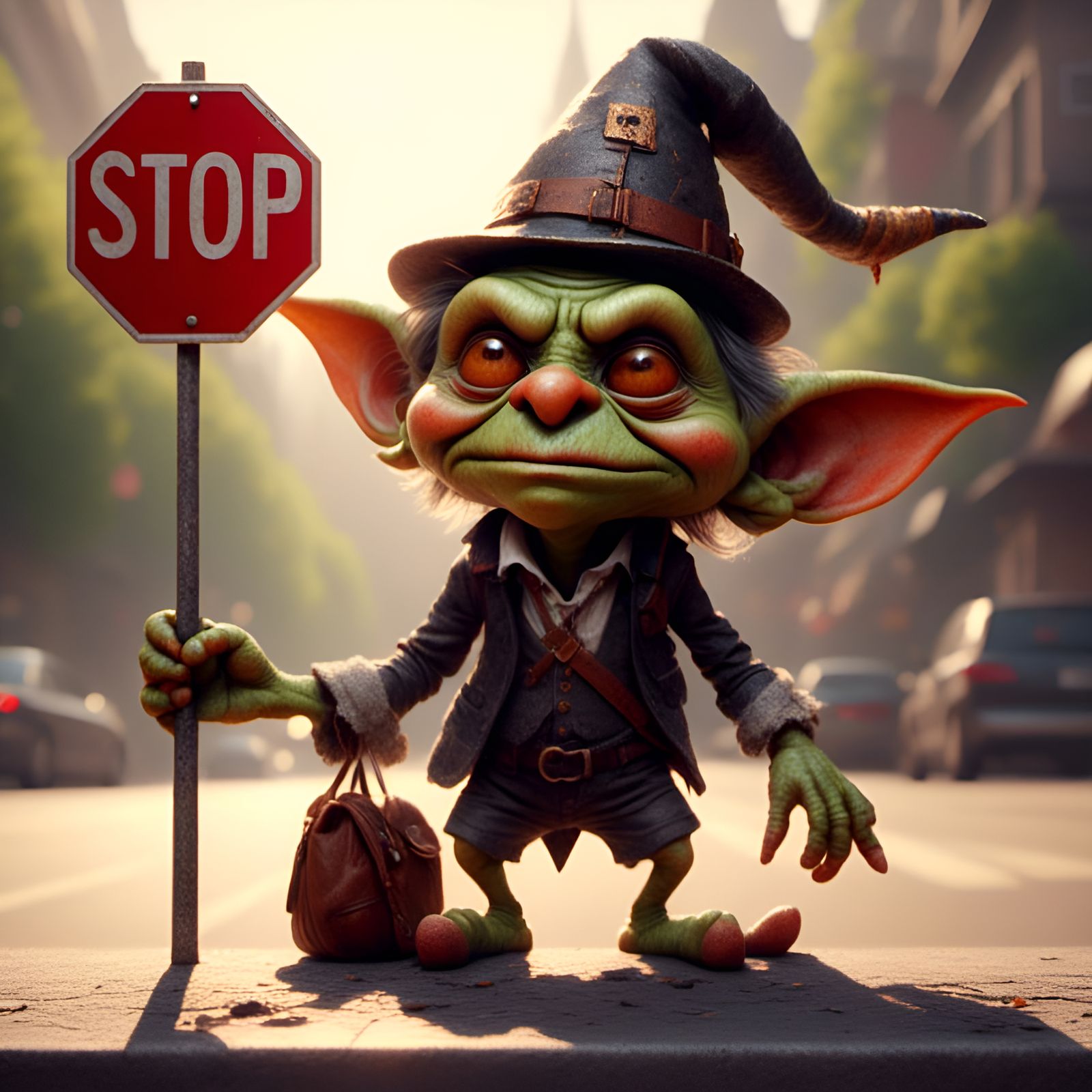 Impish Goblin Portrait Holding Stop Sign