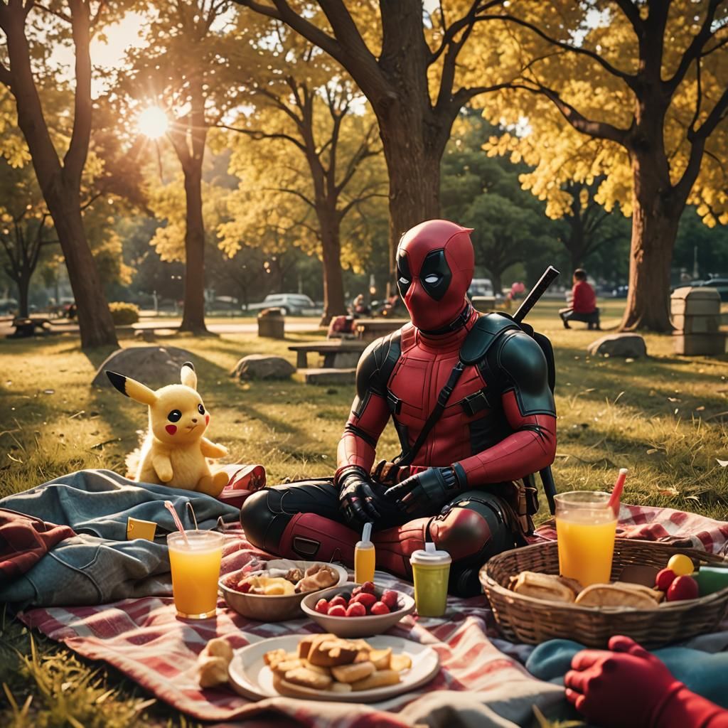 Deadpool, Spiderman, and Pikachu Picnic in Park