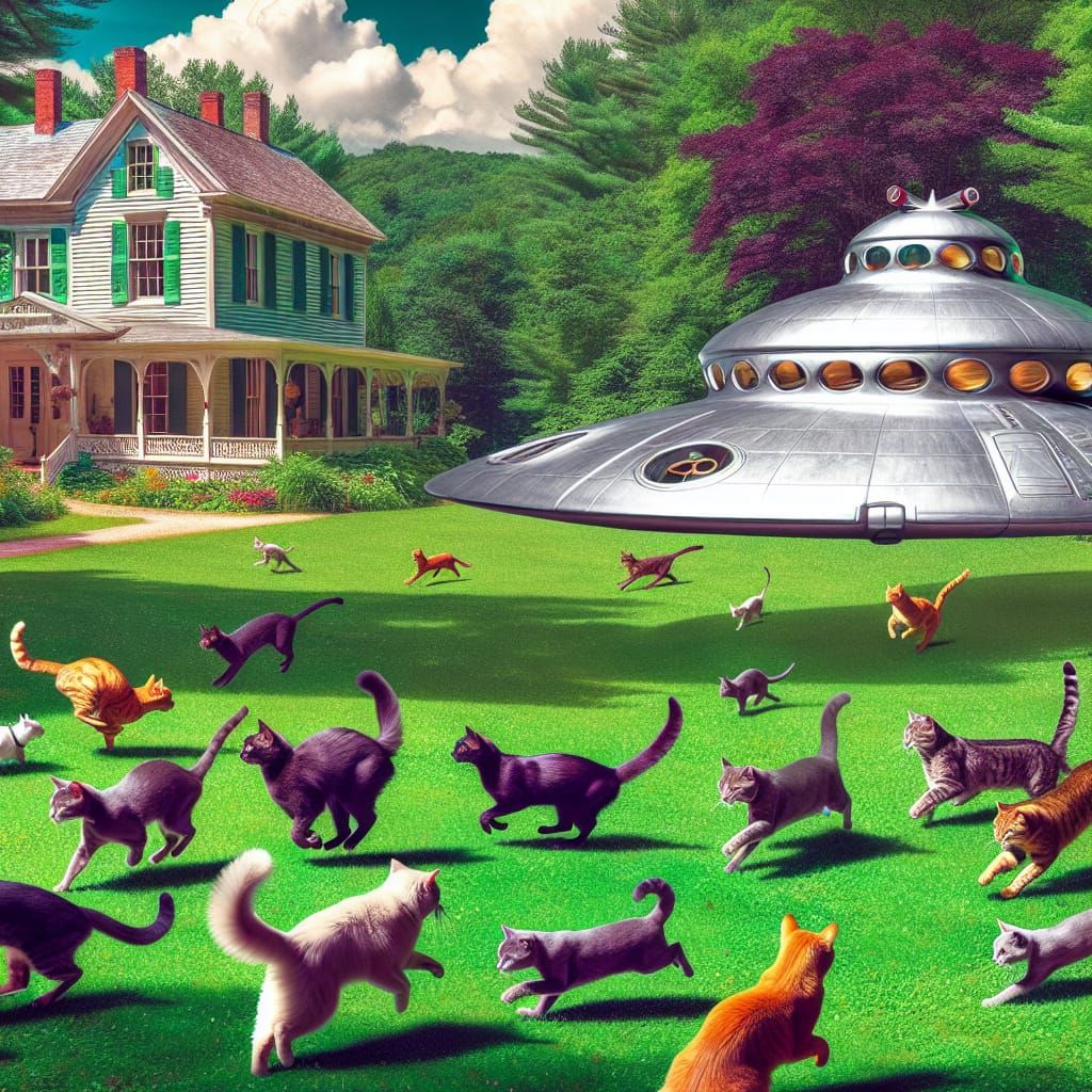 Cats Chase a Vintage Spacecraft Across a Charming Lawn