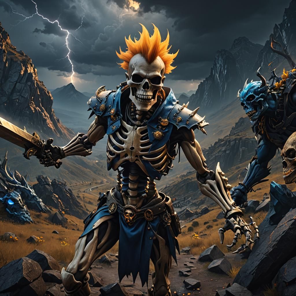 Skeleton and Minotaur Selfie in Storm, 3D Render